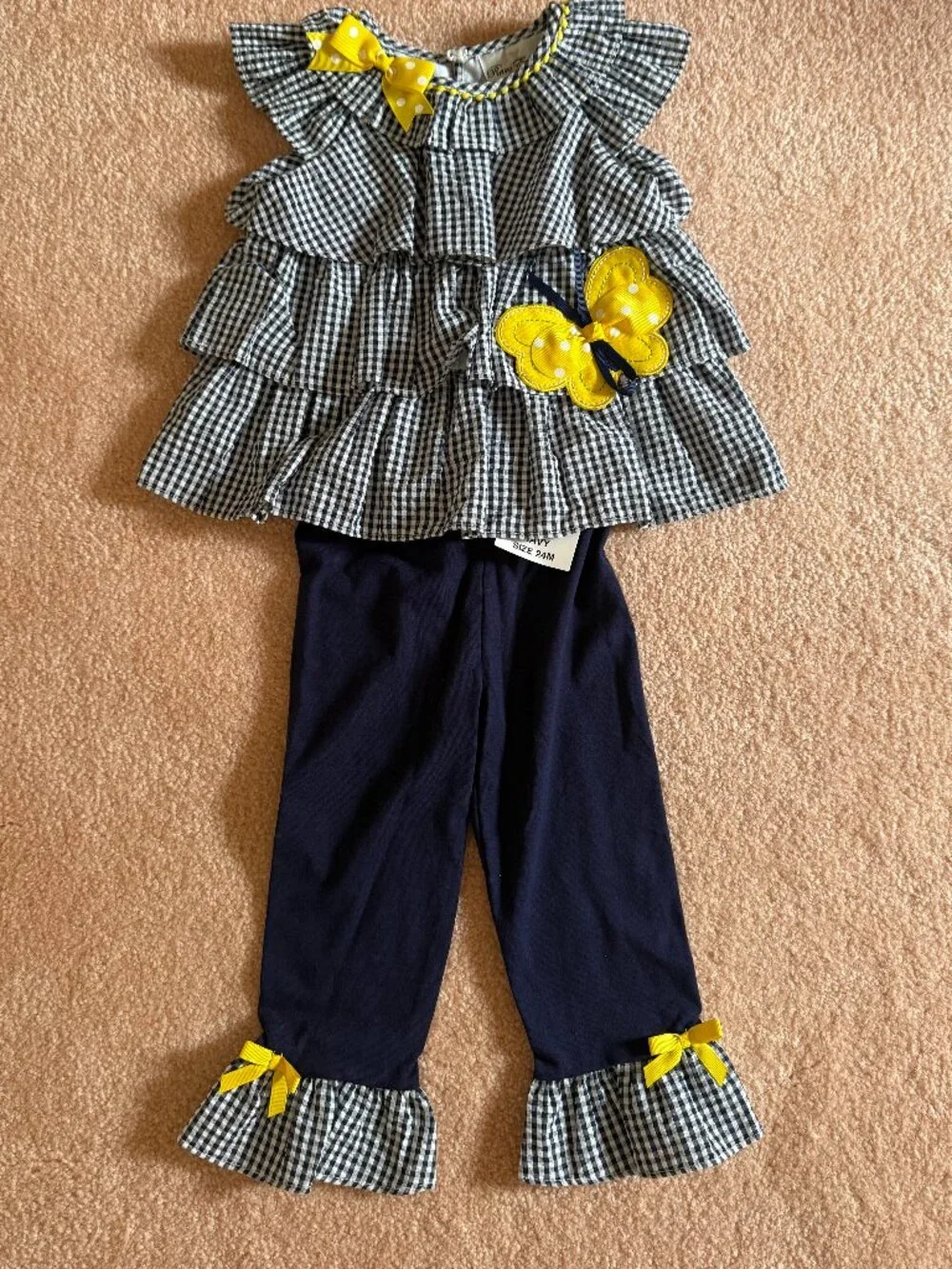 Rare Editions 2-pc top/pants NWT Size 24 month Blue/white gingham yellow accents